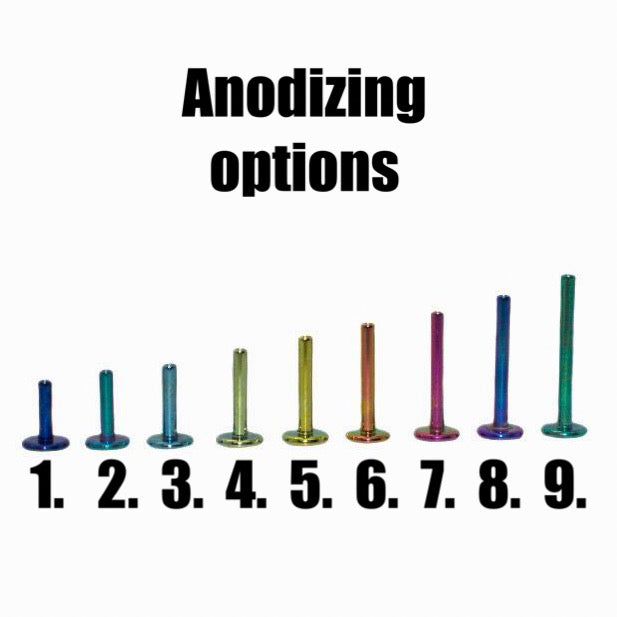 Titanium flat-back posts showing nine anodized colour options