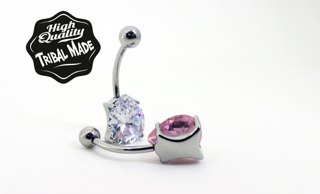 implant grade titanium navel bar with pink and clear cubic zirconia