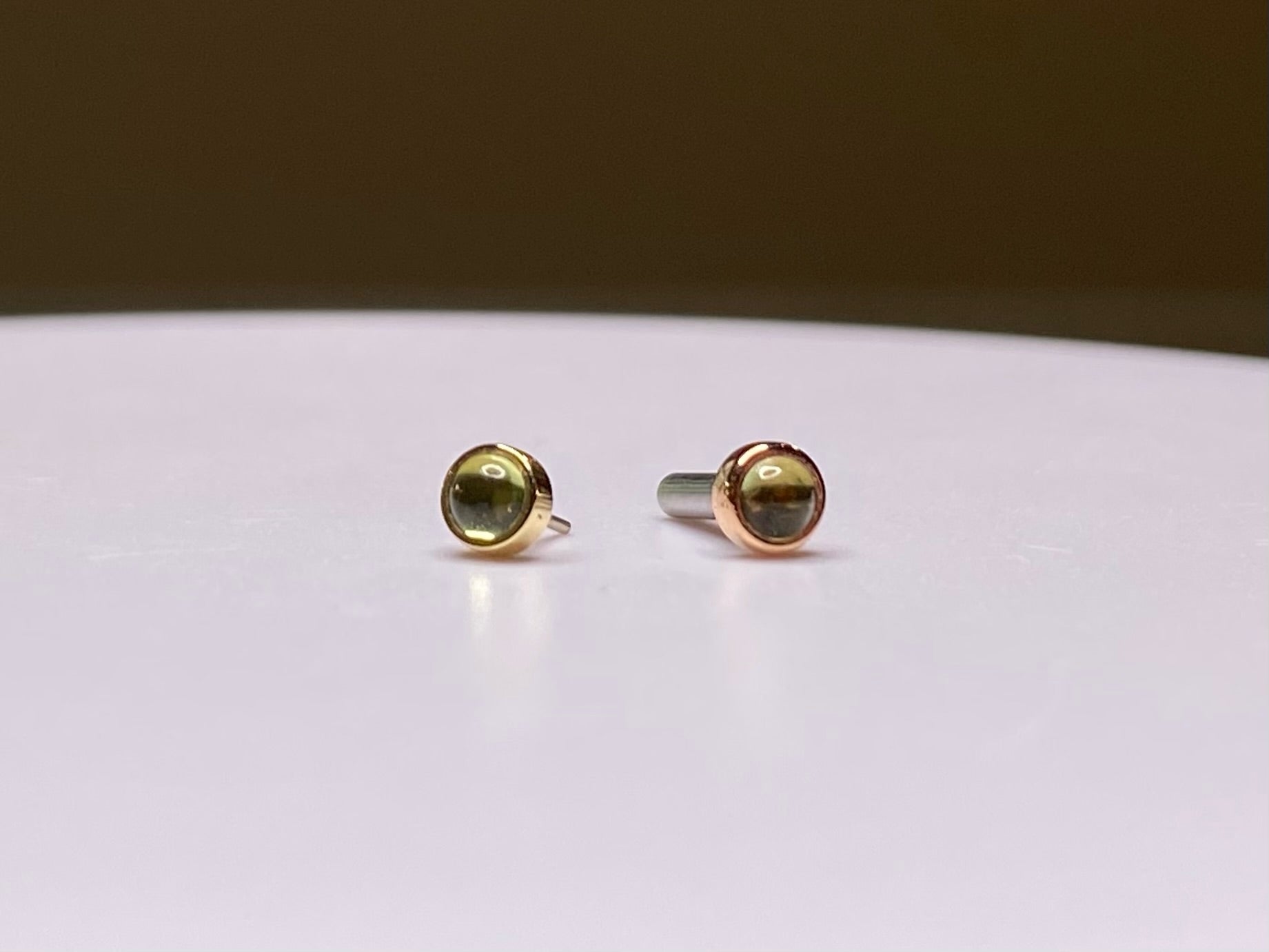 14kt Yellow and Rose Gold 3mm Peridot Cabochon Bezel Set Threadless Stud Tribal Expression Jewelry