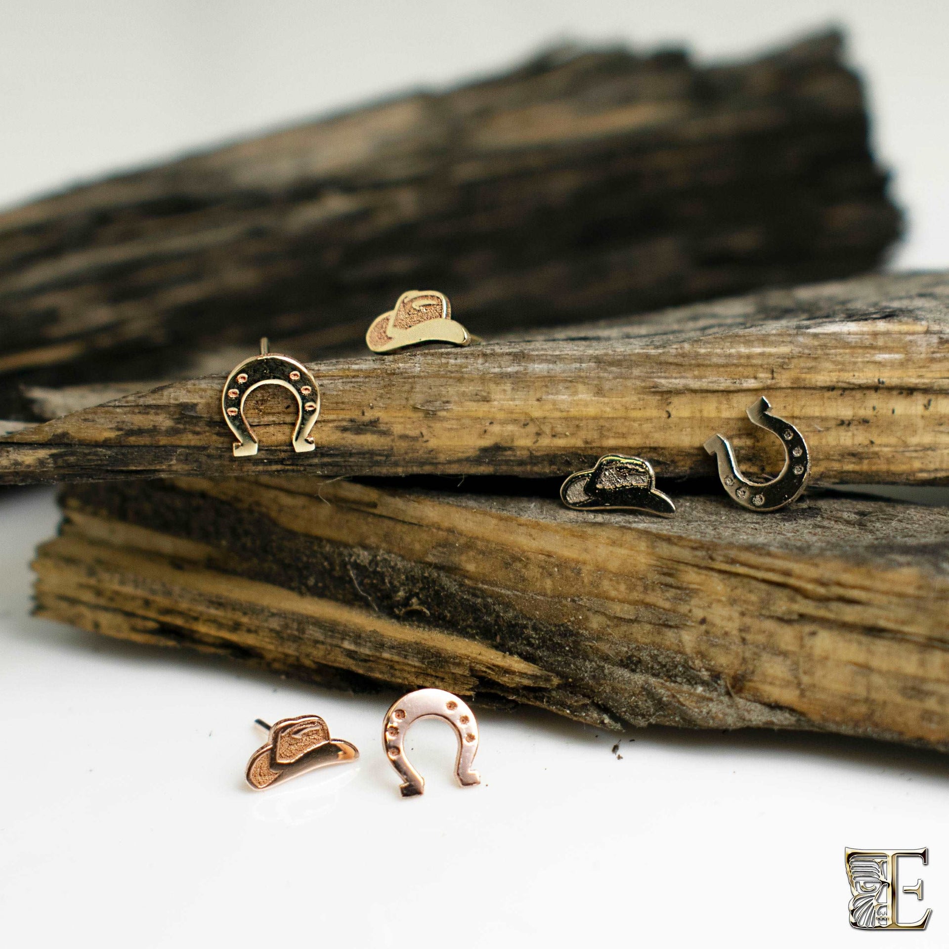 Solid 14k Yellow, Rose and White Gold threadless tops. Stampede collection featuring: Cowboy hats and Horse shoes