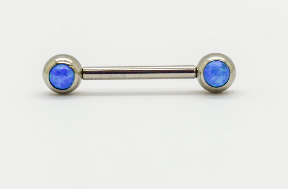 Titanium front-facing barbell with blue synthetic opal ends