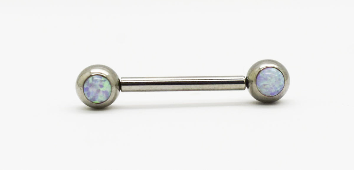 Titanium front-facing barbell with pale synthetic opal ends