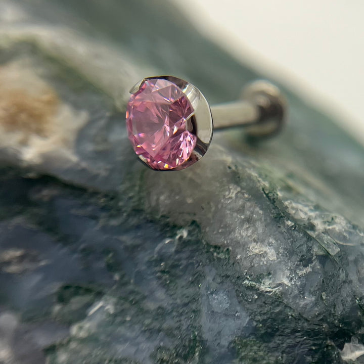 Pink 3 mm prong-set titanium bead with backing, made in Calgary